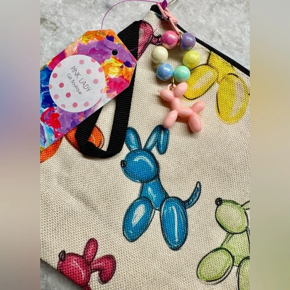 New Colorful Balloon Dog Makeup Tech Pencil Zippered Bag Pouch w/ Charm - 10.5”